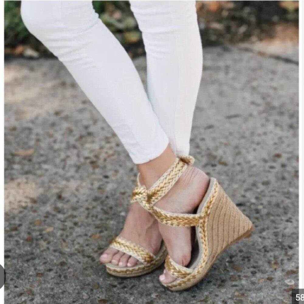 Tory Burch Lilah Gold Espadrille Wedge Size 7 VGUC